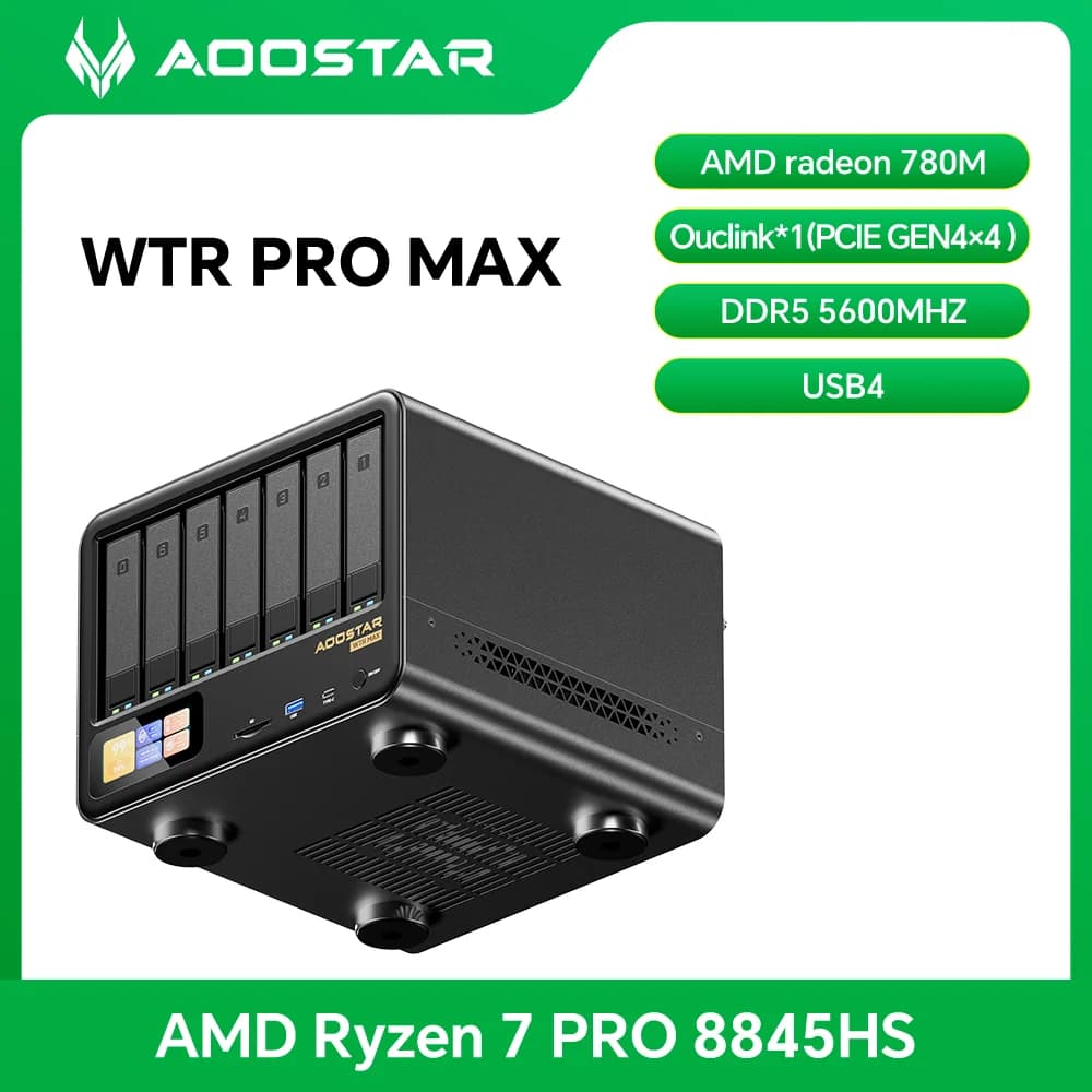 Aoostar WTR MAX Mini PC NAS a 11 Bay con AMD Ryzen 7 PRO 8845HS, Mini PC Desktop, Server di Archiviazione di Rete Domestica, Doppia Porta 2.5G, Memoria ECC