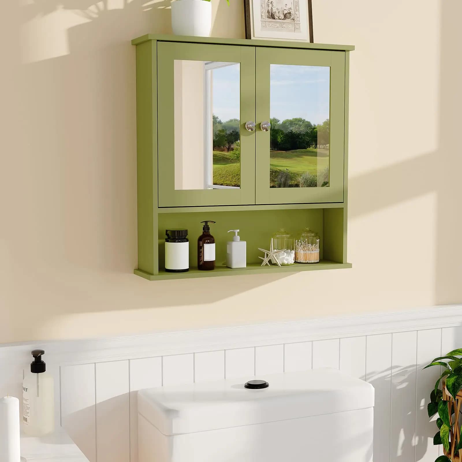 Armadietto Portamedicinali da Parete con Specchio, Ripiani Regolabili, Contenitore Sopra il WC, Mobile Rustico Moderno per Bagno e Cucina