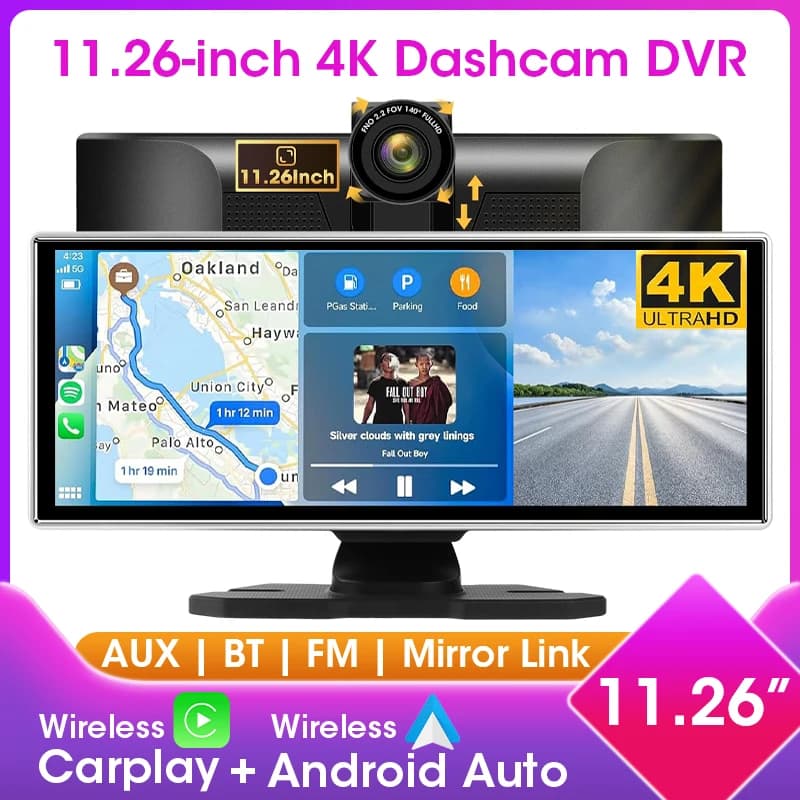 CarPlay 11.26" car screen, stereo for Android Carplay wireless, 4K DVR dashboard camcorder, Bluetooth AUX navigation video recorder