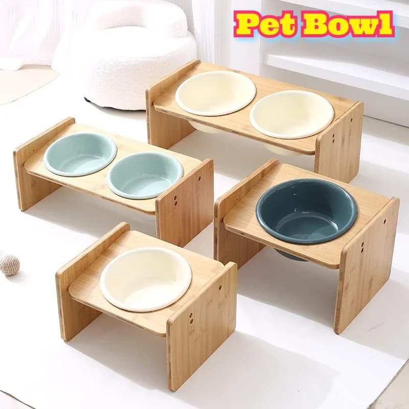Cream Style Pet Bowl Ceramic Large Wide Mouth Anti Spill Dog Dish Wood Stand Elevated Feeder Medium Large Breed Dogs Water Food