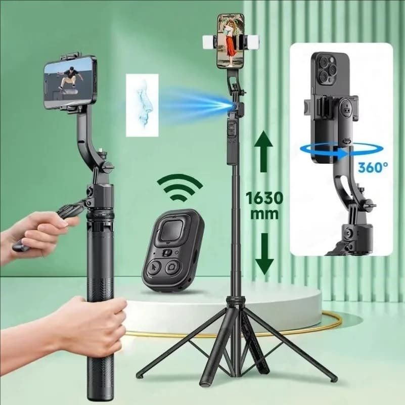Bastone Selfie AI da 1,62 m con Funzione di Seguimento Automatico, Telecomando Bluetooth, Stabilizzatore Intelligente Anti-Vibrazione e Gimbal Portatile Pan-Tilt