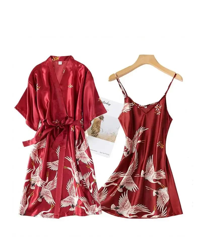 Borgogna Donna Kimono in seta sintetica Abito da notte Set Stampa sexy Gru Camicia da notte e accappatoio Lingerie Camicia da notte Indumenti da notte estivi