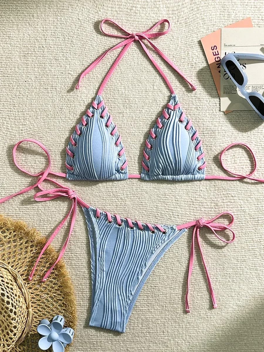 2025 Halter Rugoso Fabric Bikini Women's Swimwear Women's Swimwear Two Piece Swim Beach Wear Brazilian Swimwear Set