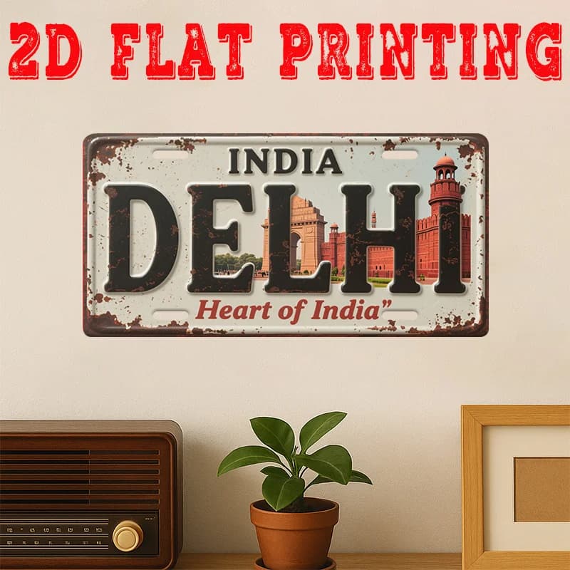 Targa in Metallo Stile Targa Automobilistica con Stampa 2D Piatta, Tema 'Cuore dell'India' Delhi, India, Decorazione Iconica con Monumenti Indiani