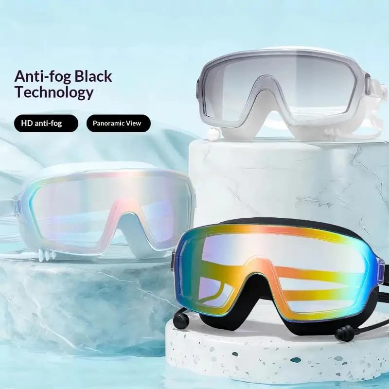 Occhialini da nuoto panoramici con ampio campo visivo, montatura grande, antiappannamento, con tappi per le orecchie, occhiali da nuoto impermeabili con protezione UV per piscina per adulti