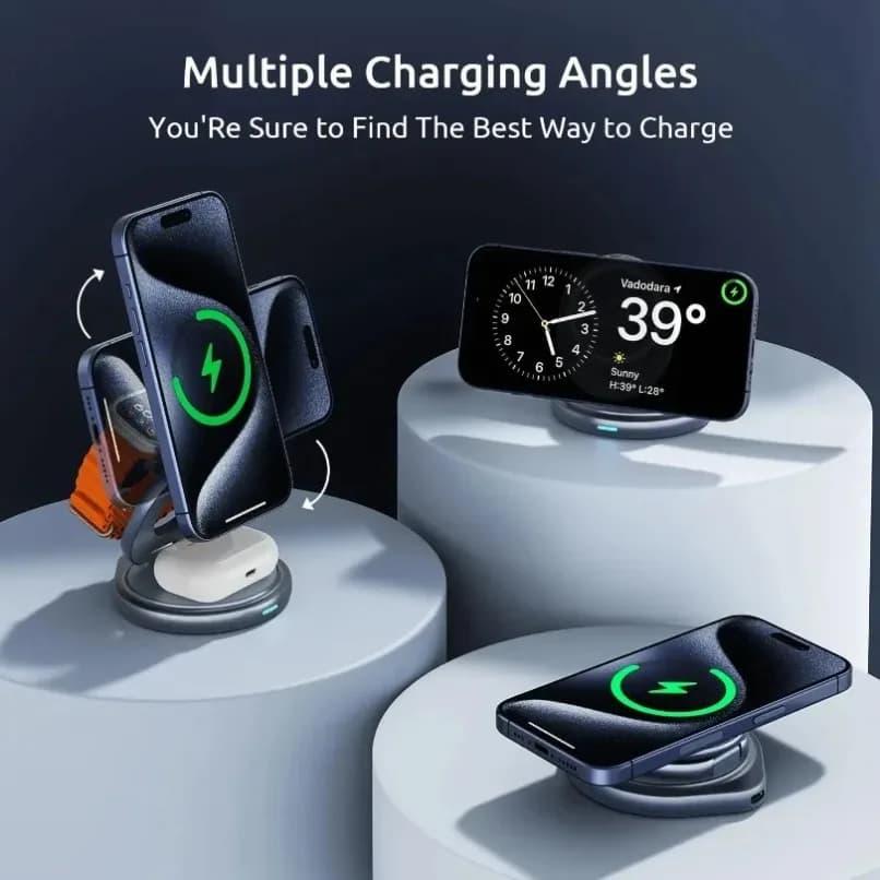 Universal 3 in 1 Rotatable Magnetic Wireless Charger Station Fast Charging Dock for Phone Watch Earbuds Desktop Charging Stand