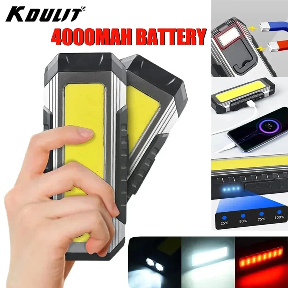 Torcia da lavoro COB da 4000 mAH Torcia LED ricaricabile tramite USB Lanterna portatile con magnete 7 modalità di illuminazione Torcia di emergenza da campeggio