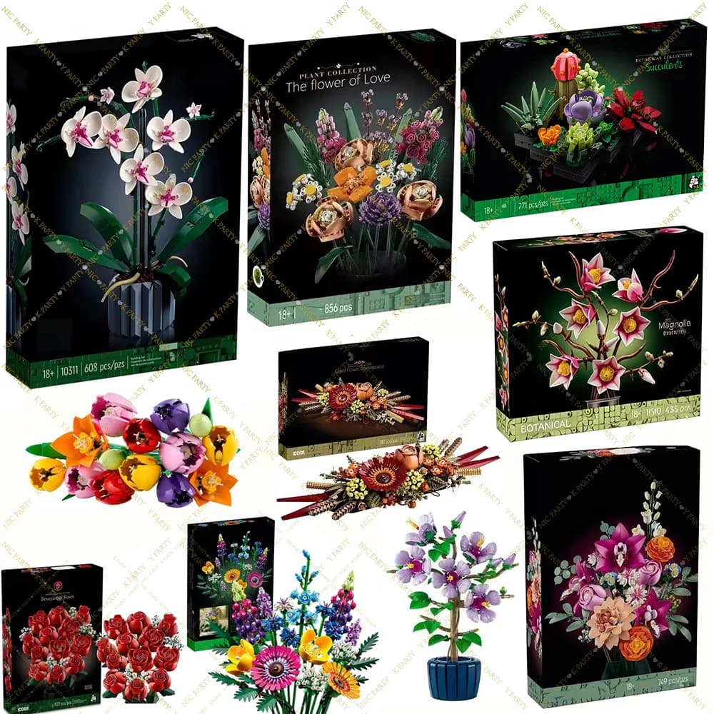 Set di Blocchi da Costruzione 3D con Fiori Artificiali, Rose e Orchidee in Vaso, Modello di Bouquet Eterno, Decorazione per Casa e Regalo per Feste
