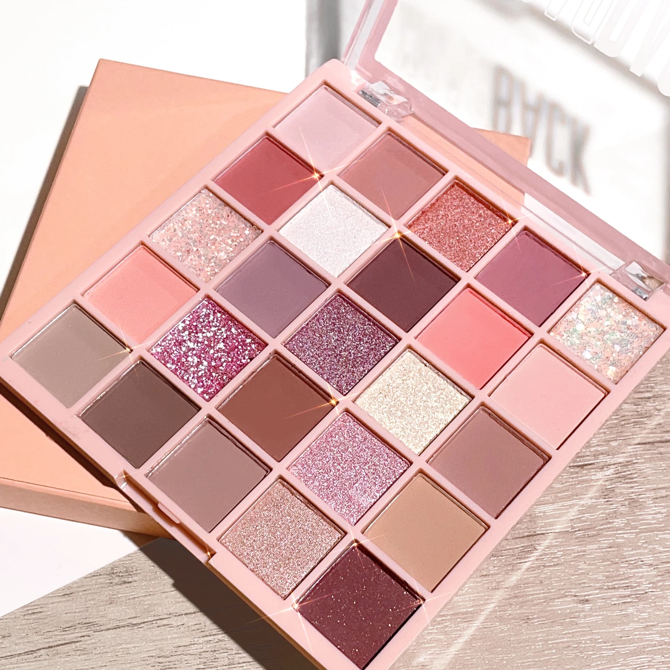 Palettes of shades of 25 colors, multicolored opaque glitters, palette of brown red pink umbrellas, umbrella for daily makeup