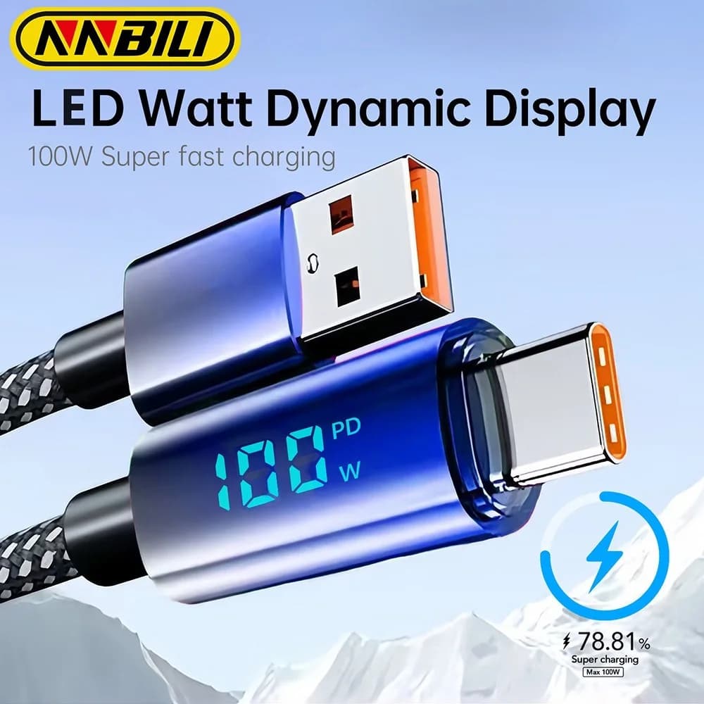 NNBILI 100W USB Tipo C Cavo di ricarica Super LED Watt Display digitale Nylon Sincronizzazione dati per iPhone 15 16 Samsung Xiaomi POCO vivo