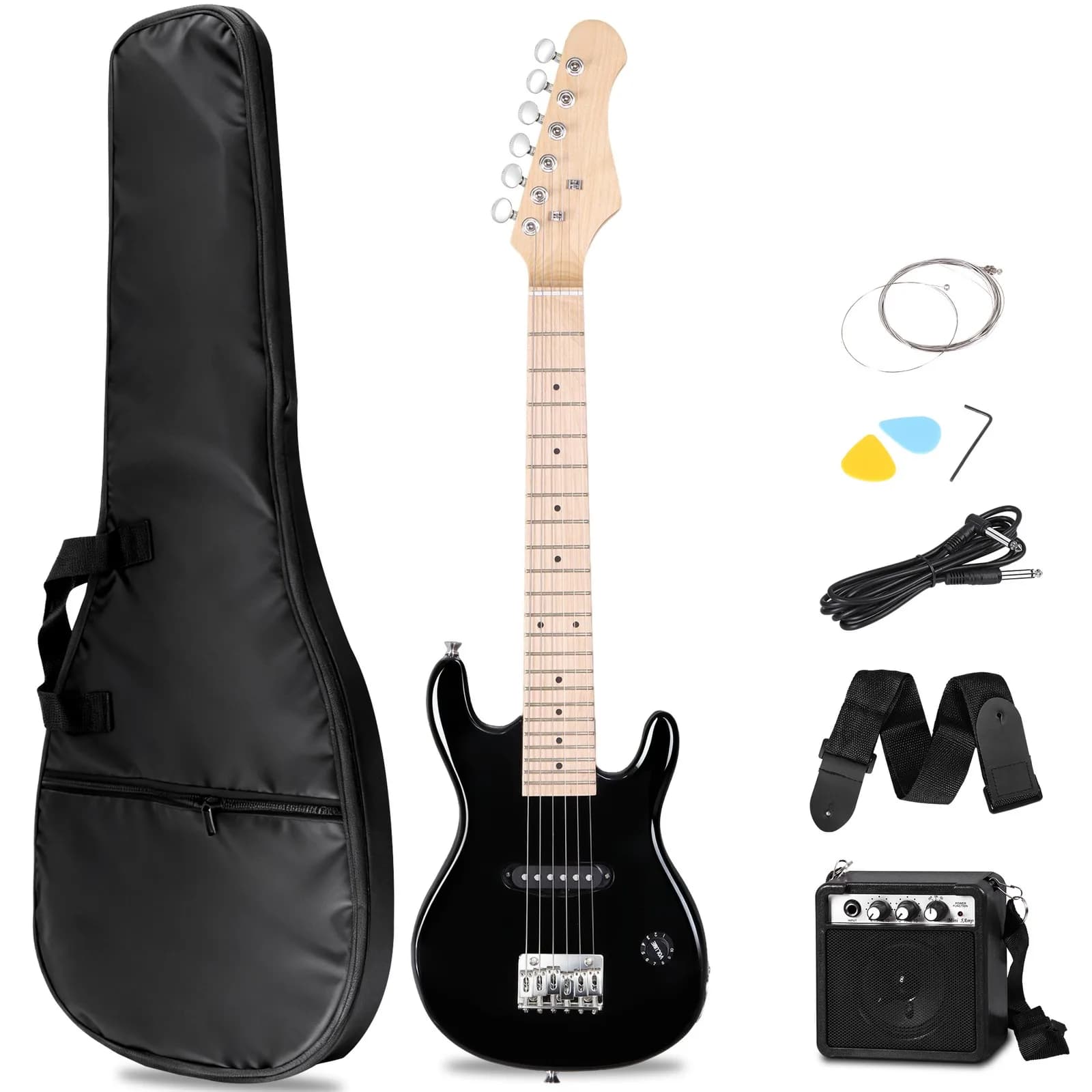 Chitarra Elettrica da 30 Pollici e Kit per Principianti per Bambini con Amplificatore, Corde, Plettri, Tracolla Nera