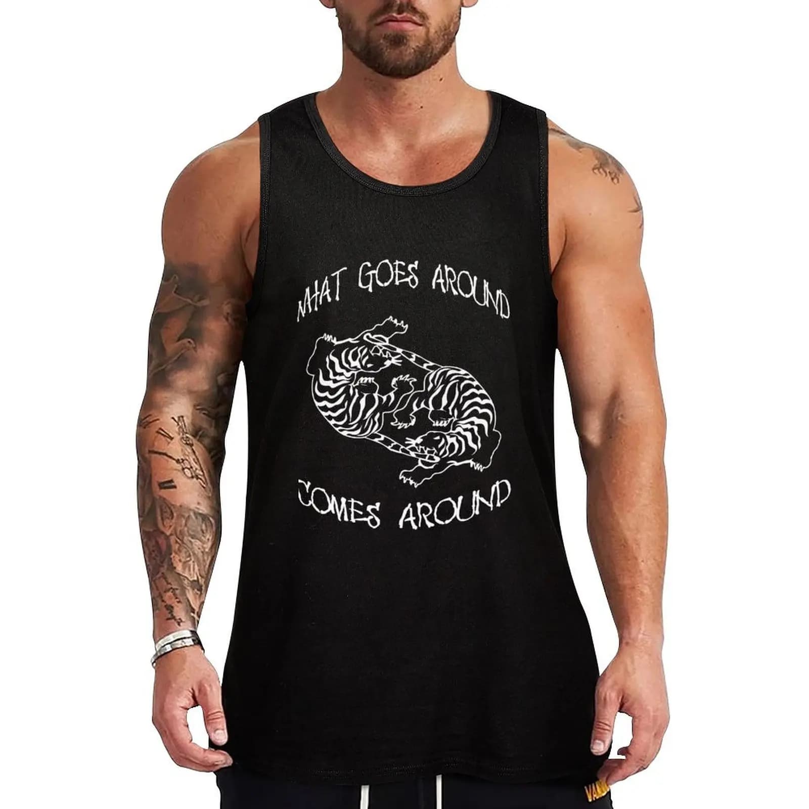 Karma Tiger Black what goes around comes around Tank Top Performance Stretch Tank Top Abbigliamento sportivo per allenamento