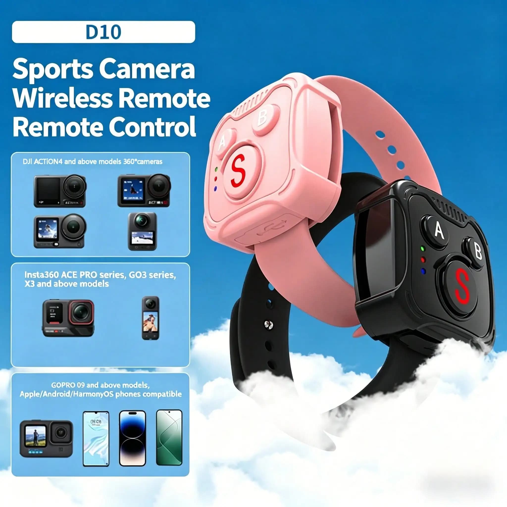 Wireless camera remote control, compatible with GoPro, DJI , Insta360 cameras,Phone, Suitable For Cycling, Skiing, Photography