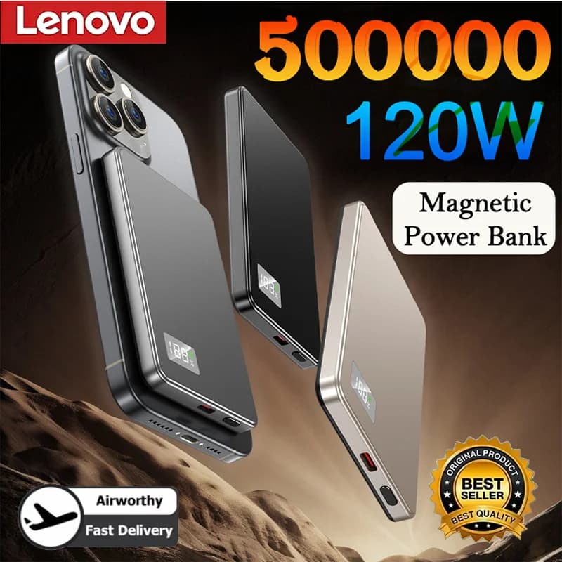 Power Bank Magnetic Wireless Lenovo 2026 500000mAh, Ultra Slim, Portable, CCC Certificate, Quick Charging, LED Display, MagSafe Compatible
