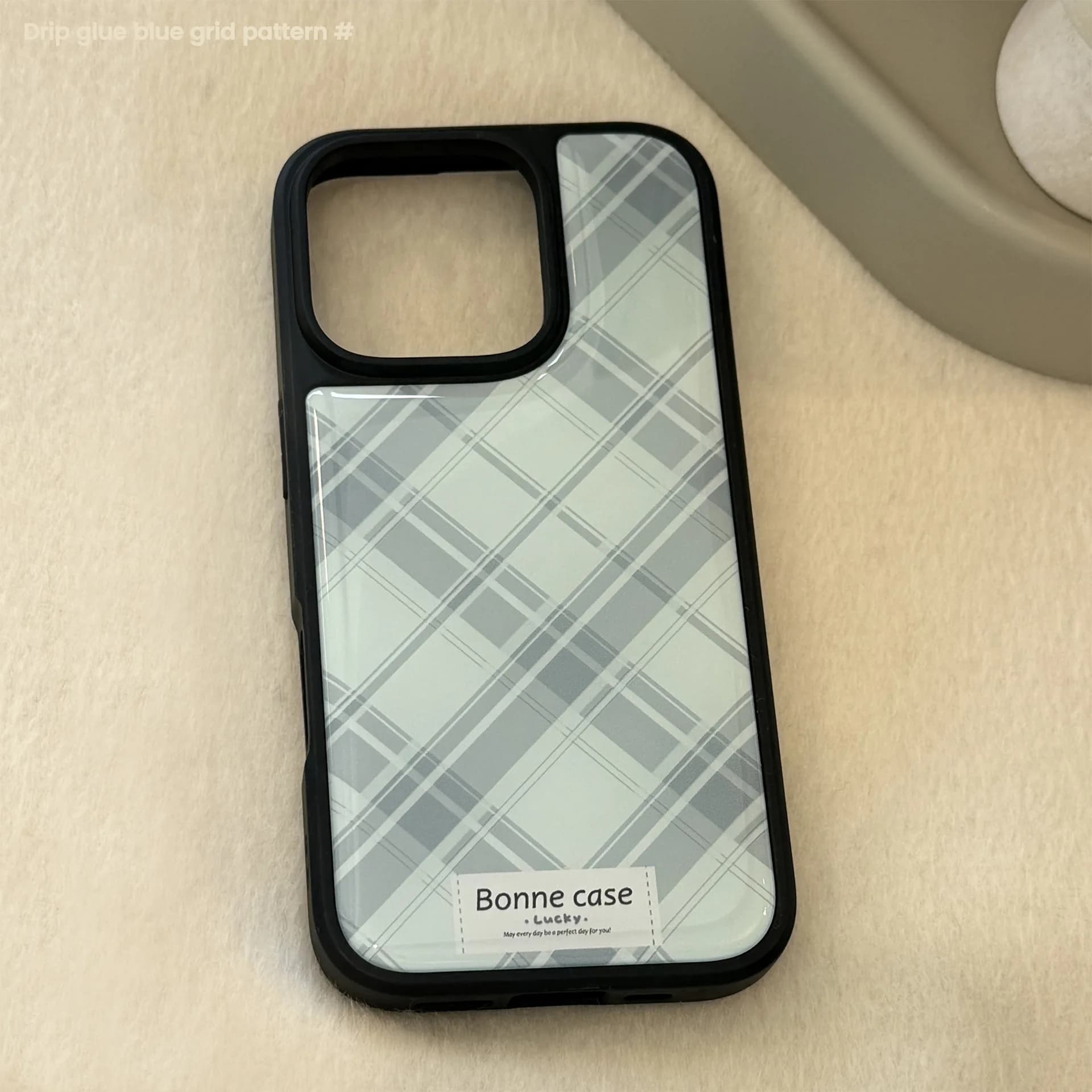 Korean Green Checkered Pattern Drop Glue Phone Case For iPhone 17 Air 16 15 14 13 12 Pro Max Shockproof Protective Hard Cover