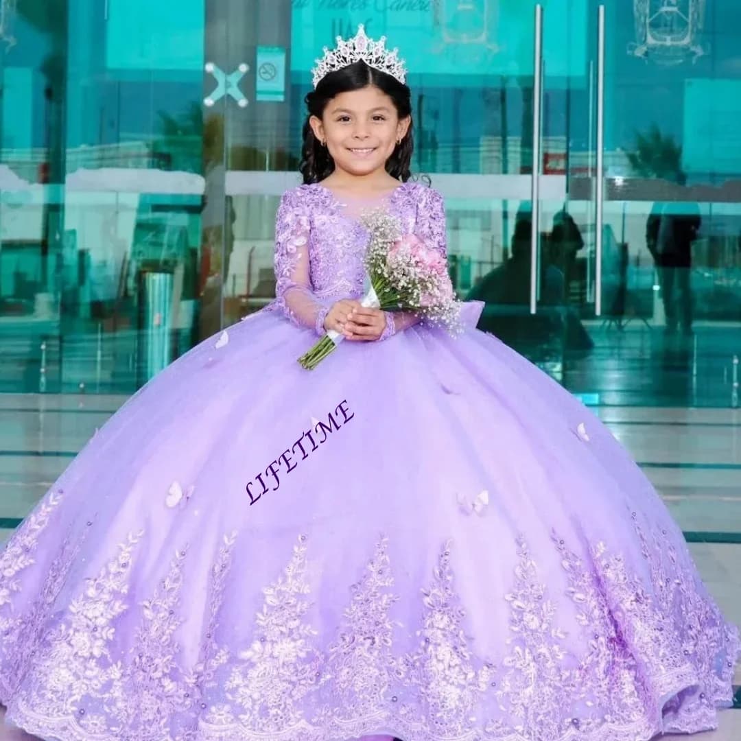 Abito da damigella d'onore viola personalizzato con applicazioni in pizzo e tulle, per matrimonio o festa di compleanno, con farfalla e strascico, per bambina
