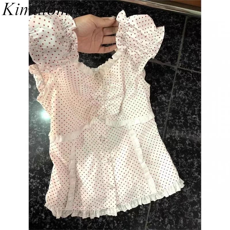 Camicie Kimutomo da donna, moda estiva, patchwork in pizzo, stampa a pois, colletto quadrato, top corto, camicetta da donna Y2k Harajuku