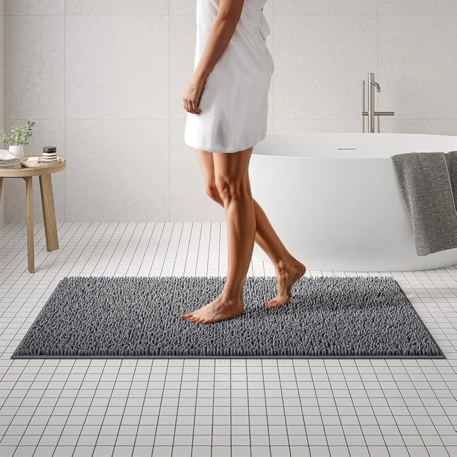 Tappeto da Bagno Extra Lungo in Ciniglia, Pelo di 1 Pollice, Grigio Antracite, 150x79 cm, Lavabile in Lavatrice e Antiscivolo