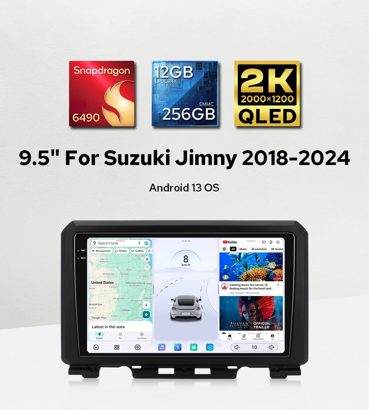 Autoradio Wireless CarPlay/Android Auto 9.5" 2K QLED per Suzuki Jimny 2018-2024, 12+256GB, 360 ° Porta per fotocamera Type-C Plug&Play