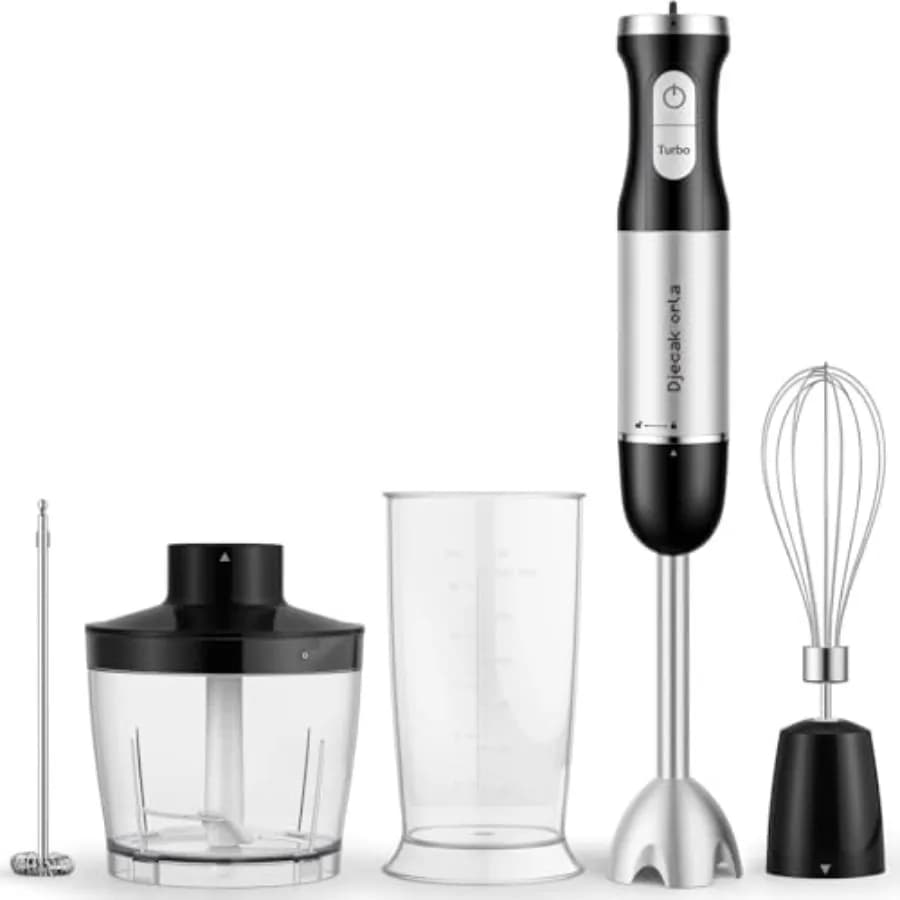 Frullatore a Immersione 5-in-1 Potenziato da 1100W con 30 Velocità Fino a 15.500 RPM, con Montalatte e Robot da Cucina