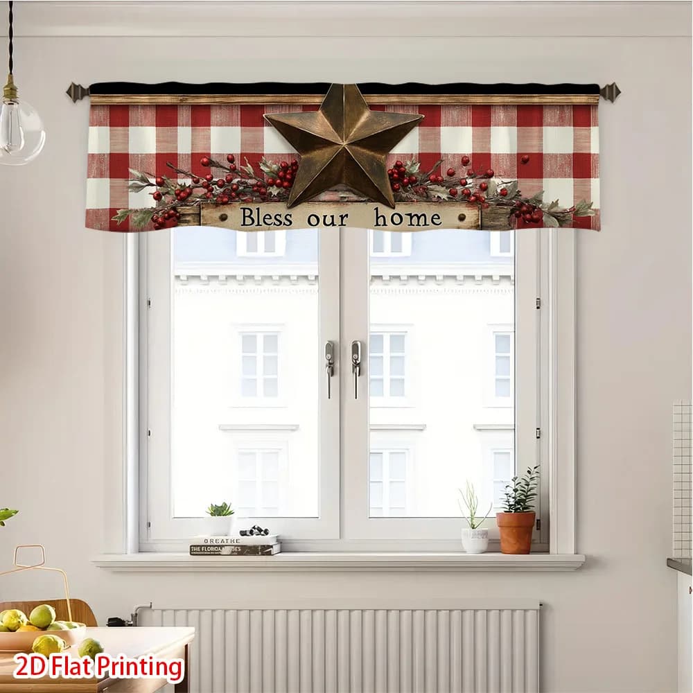 Tenda mantovana scozzese a stella rustica piatta 2D da 1 pezzo - Mantovane per finestra con tasca per asta adatta per la casa, installazione semplice