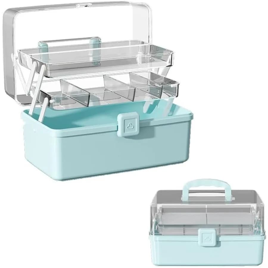 12.9 inch multipurpose three-layer storage box with handle for portable organization: ideal for artistic craft equipment, sewing Es