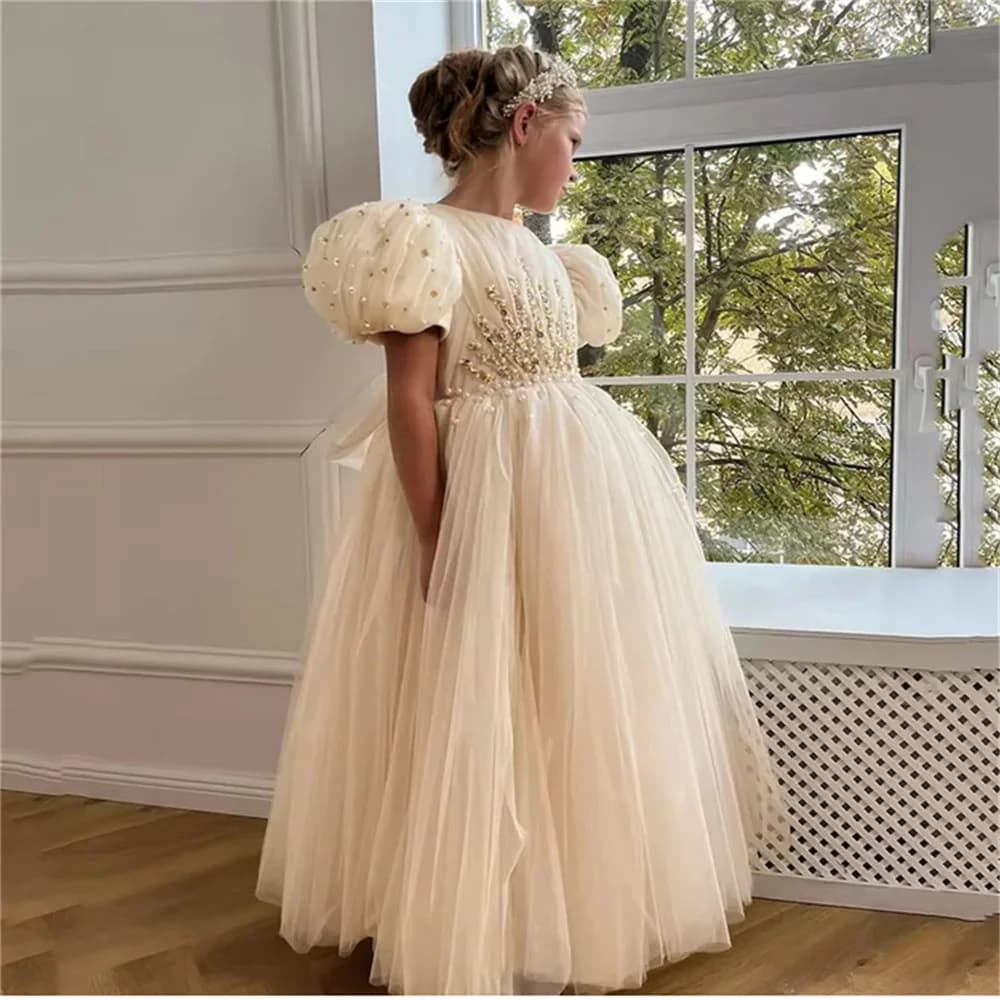 Abito da ballo lungo di lusso con perline in pizzo, fiocco personalizzato, elegante per feste, da principessa, per la Prima Comunione, Nuovo 2026