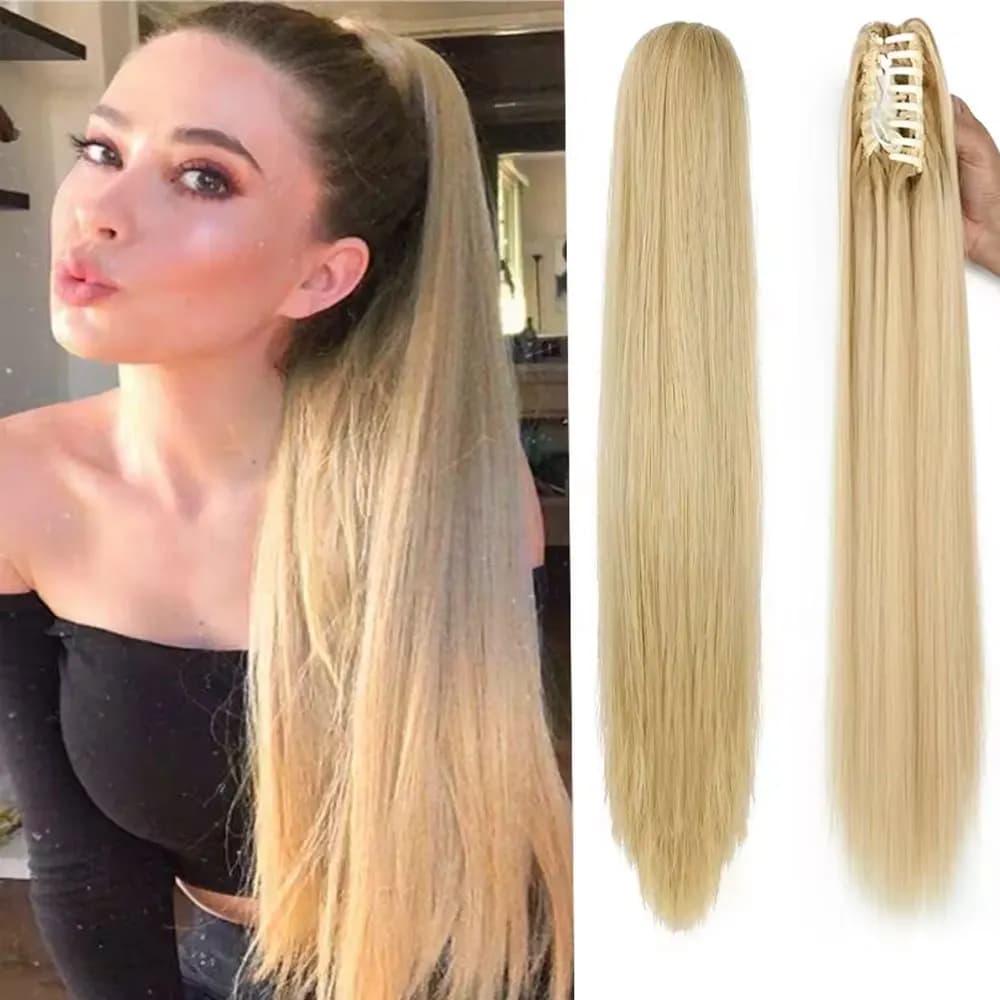 Estensione sintetica dei capelli coda di cavallo Clip per artiglio lungo dritto Coda di cavallo Onda naturale resistente al calore per parrucchino biondo da donna