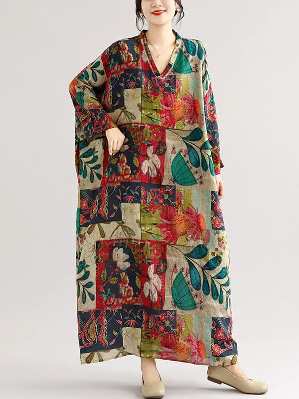 V-Neck Cotton Linen Dress Travel Friendly Nine-Sleeve Vintage Long Skirt Conceals Flaws H-Shape Summer Autumn New Style