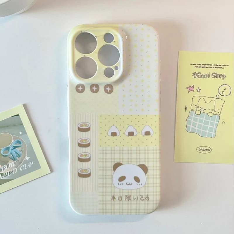 Custodia per telefono coreana a righe giallo latte con panda sushi per iPhone 17 Air 16 E 15 14 13 12 11 Pro Max 78 Plus, cover rigida in PC con paraurti