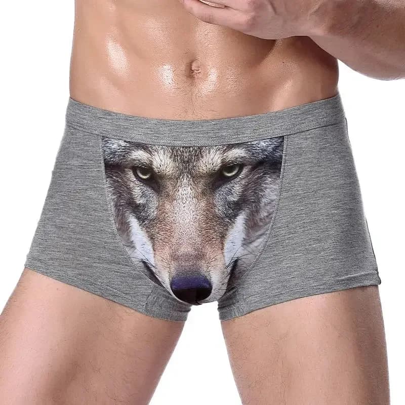 Pantaloni da uomo ad angolo piatto con testa di lupo e aquila stampata in 3D unica, boxer a vita media, tessuto modale lavorato a maglia traspirante