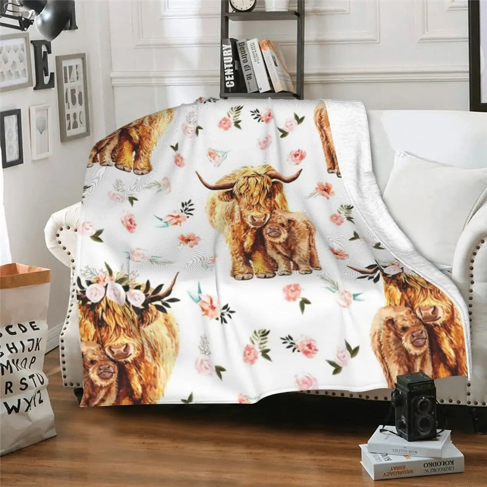 Coperta per mucca delle Highland, biancheria da letto per animali, morbida e accogliente, in pile, in peluche, per divano letto, divano, viaggio, campeggio