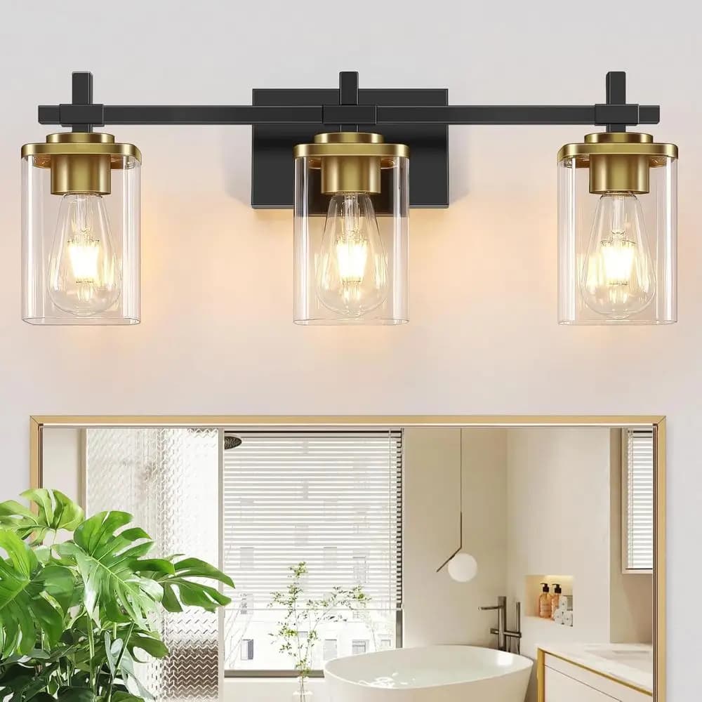 Lampada da Bagno a 3 Luci Nera e Oro Sopra lo Specchio, Applique da Bagno in Oro Spazzolato, Illuminazione da Parete