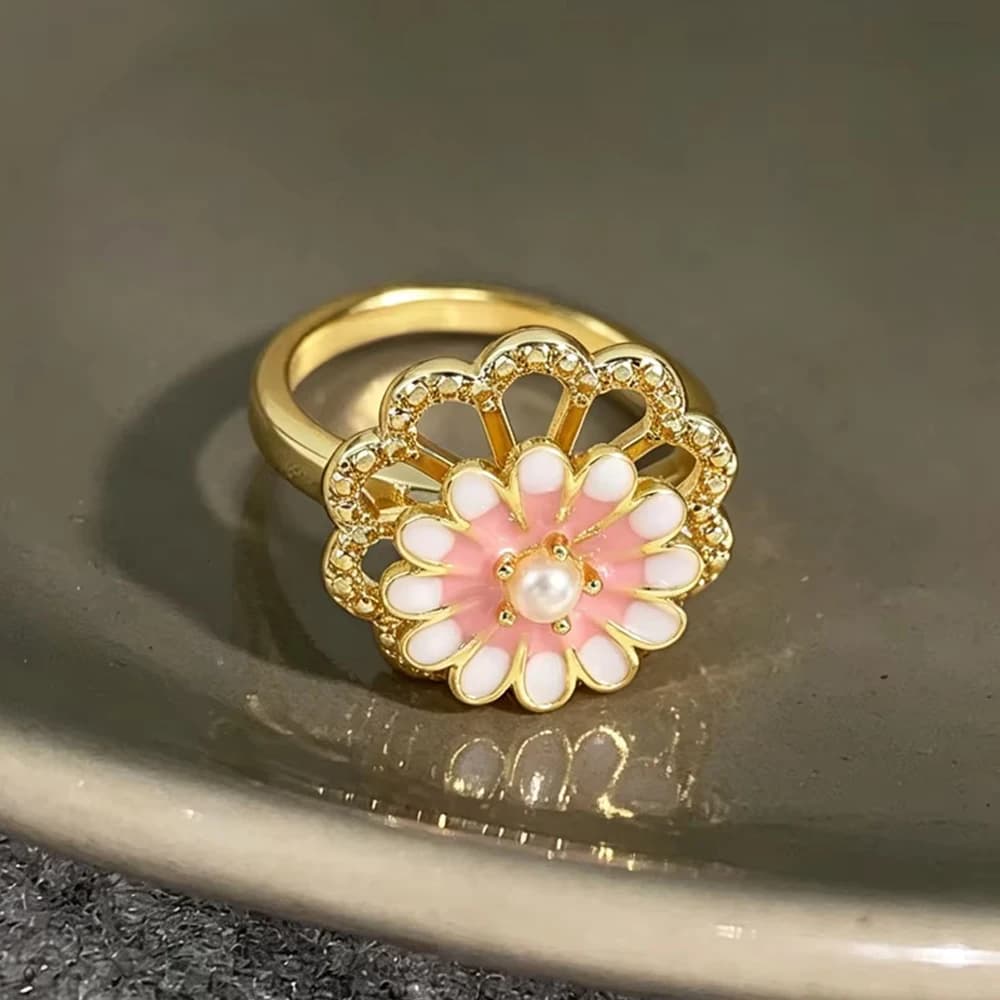ZAKOL Romantic Sunflower Ajustable Open Ring for Women Sliver Gold Color Spinner Fidget Pearl Anxiety Relief Rotating Jewelry Gi