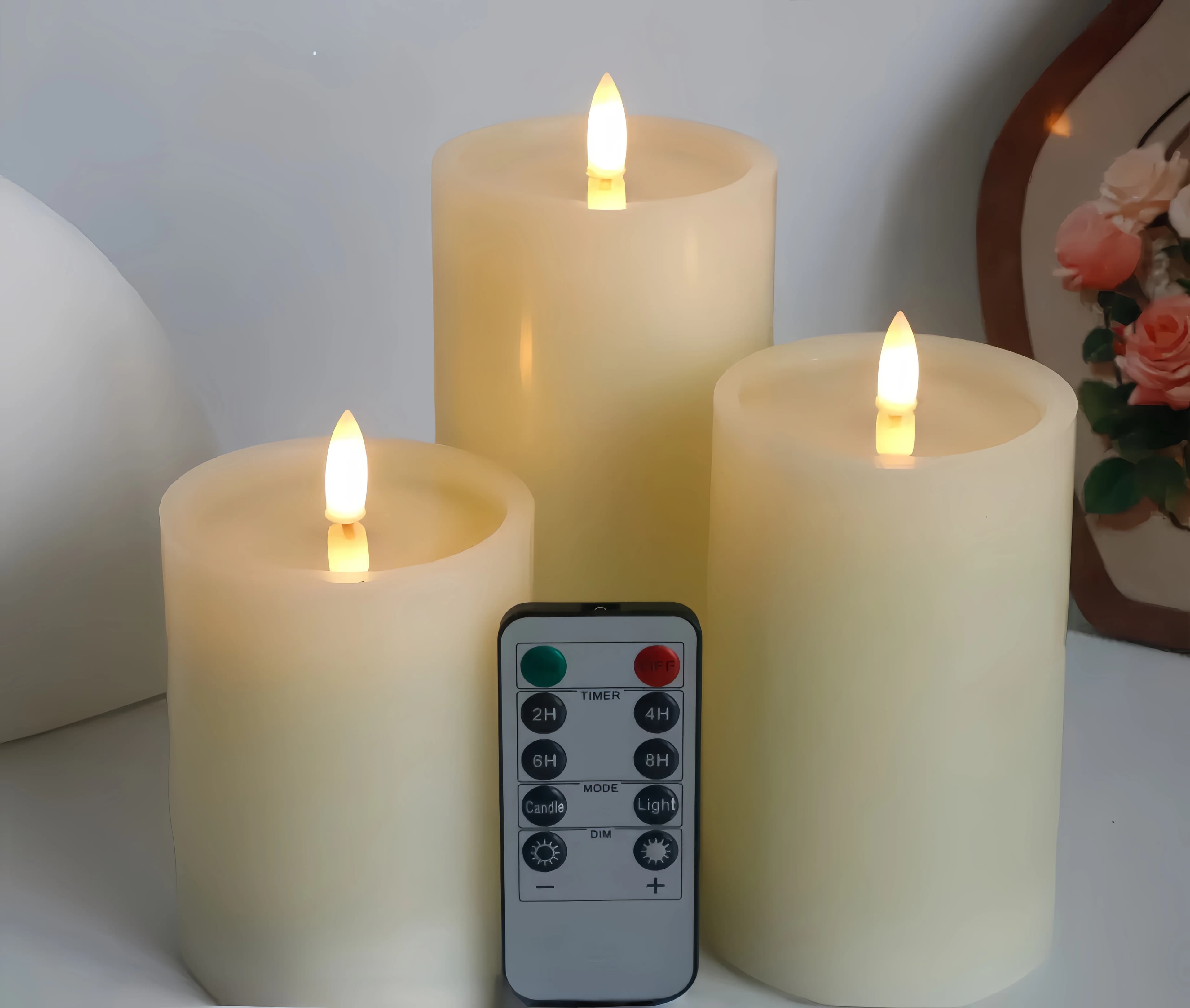 Set of Flameless LED Candles with Effetto Tremolante, Timer and Remote Control, Realistic Cera Effect, 3D Stoppino, Pillar Candles for Caminetto, Patio, Table, Decorative