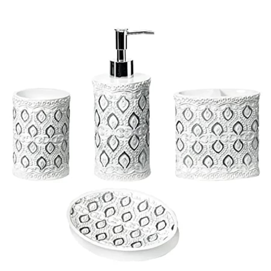 Set di Accessori da Bagno Monaco 4 Pezzi, Dispenser per Sapone e Lozione, Bicchiere, Portaspazzolino e Portasapone