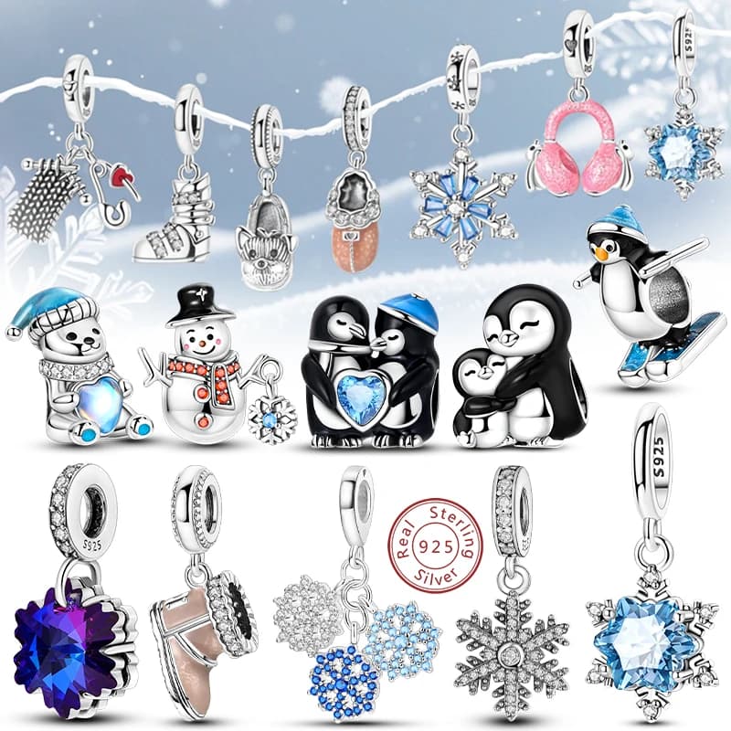 Ciondoli originali in argento sterling 925 con perline, fiocco di neve invernale, pupazzo di neve, pinguino igloo, ciondolo adatto per braccialetti, gioielli da donna