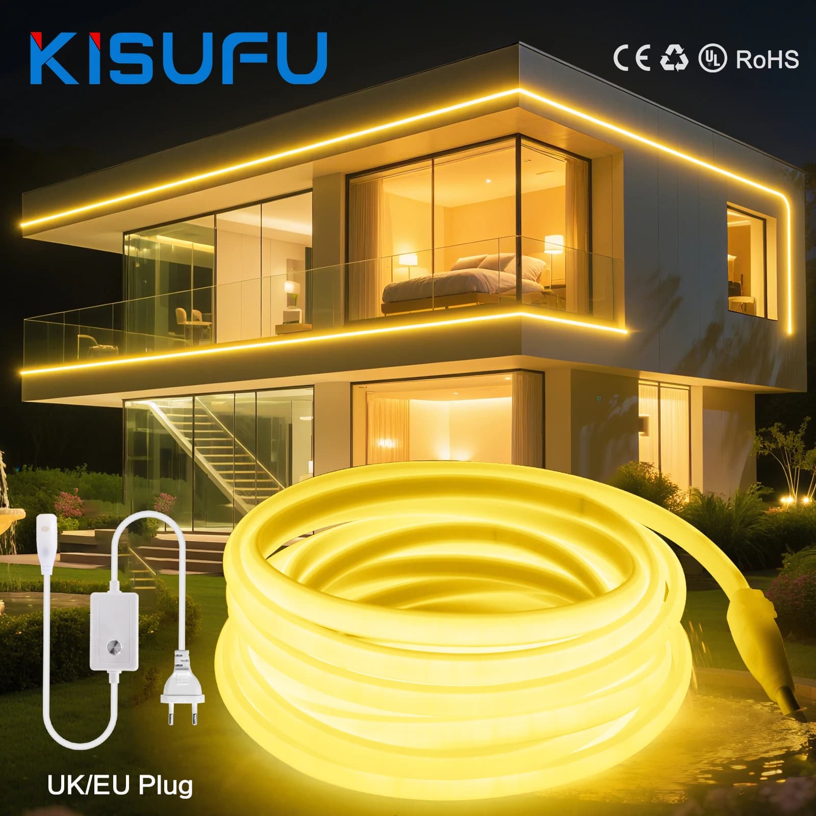 Dimmerabile 220V 230V COB LED Neon Strip Light Super Bright 288LED/M IP67 Adesivo Neon Milk Strip UK/EU Plug Home Garden Decor