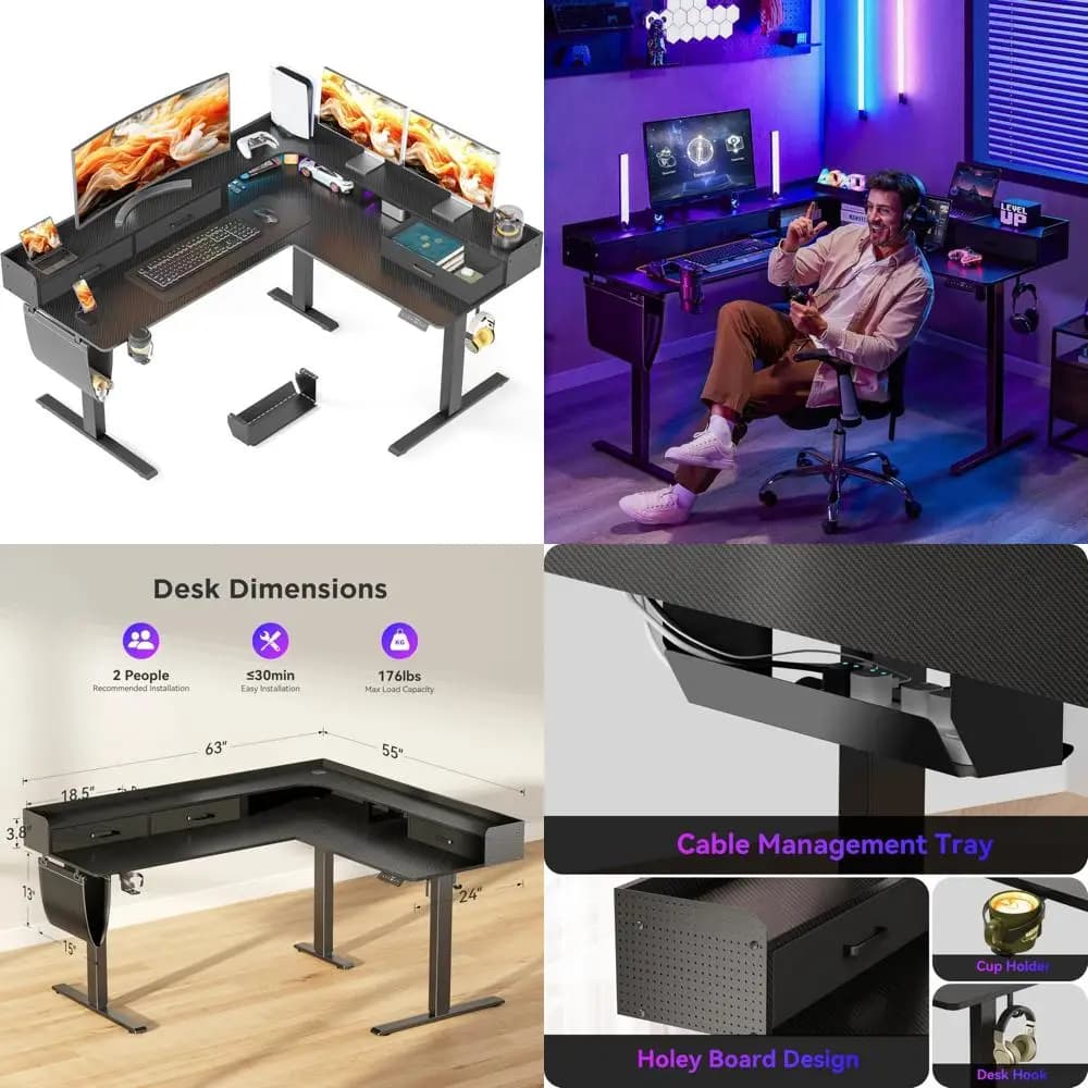 L-shaped adjustable height desk with 3 drawers, monitor shelf and computer corner desk for sit-standing use