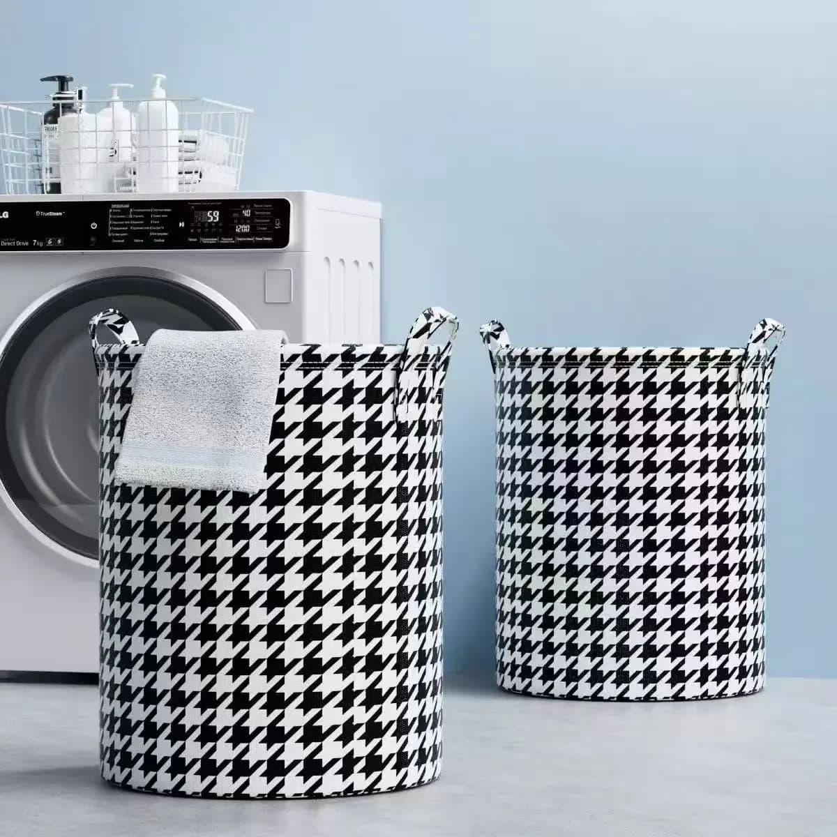 Cesto Portabiancheria Pieghevole a Fantasia Pied-de-Poule, Cesto Portaoggetti Moderno in Tessuto con Manici, Versatile per Camera da Letto, Bagno, Soggiorno