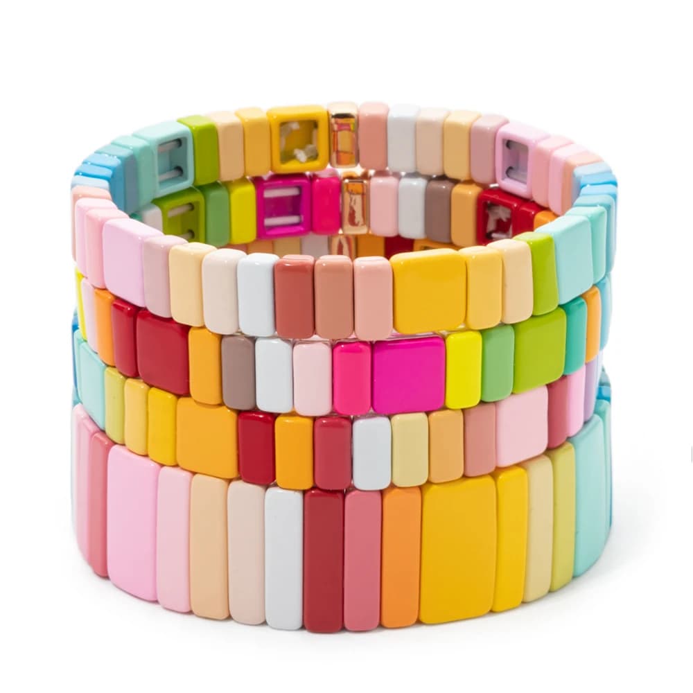 BEUTIFOR Pink Yellow Green Colorful Enamel Bracelets For Women Handmade Elastic Beaded Elastic Bangle