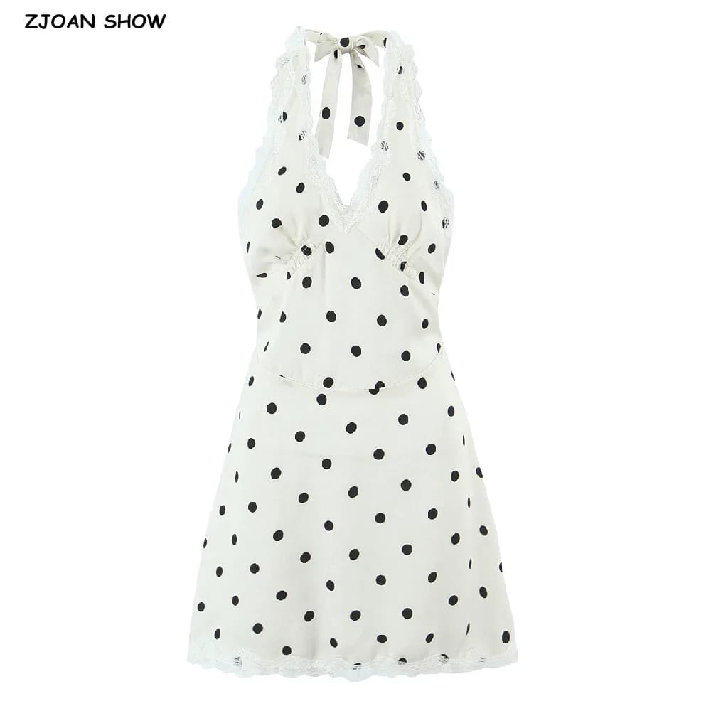 Sexy Beige Nero Dot Stampa Impiombato Fiocco di pizzo Halter Colletto a V Mini abito senza schienale Donna Senza schiena Backless A-line Abito corto Vacanza