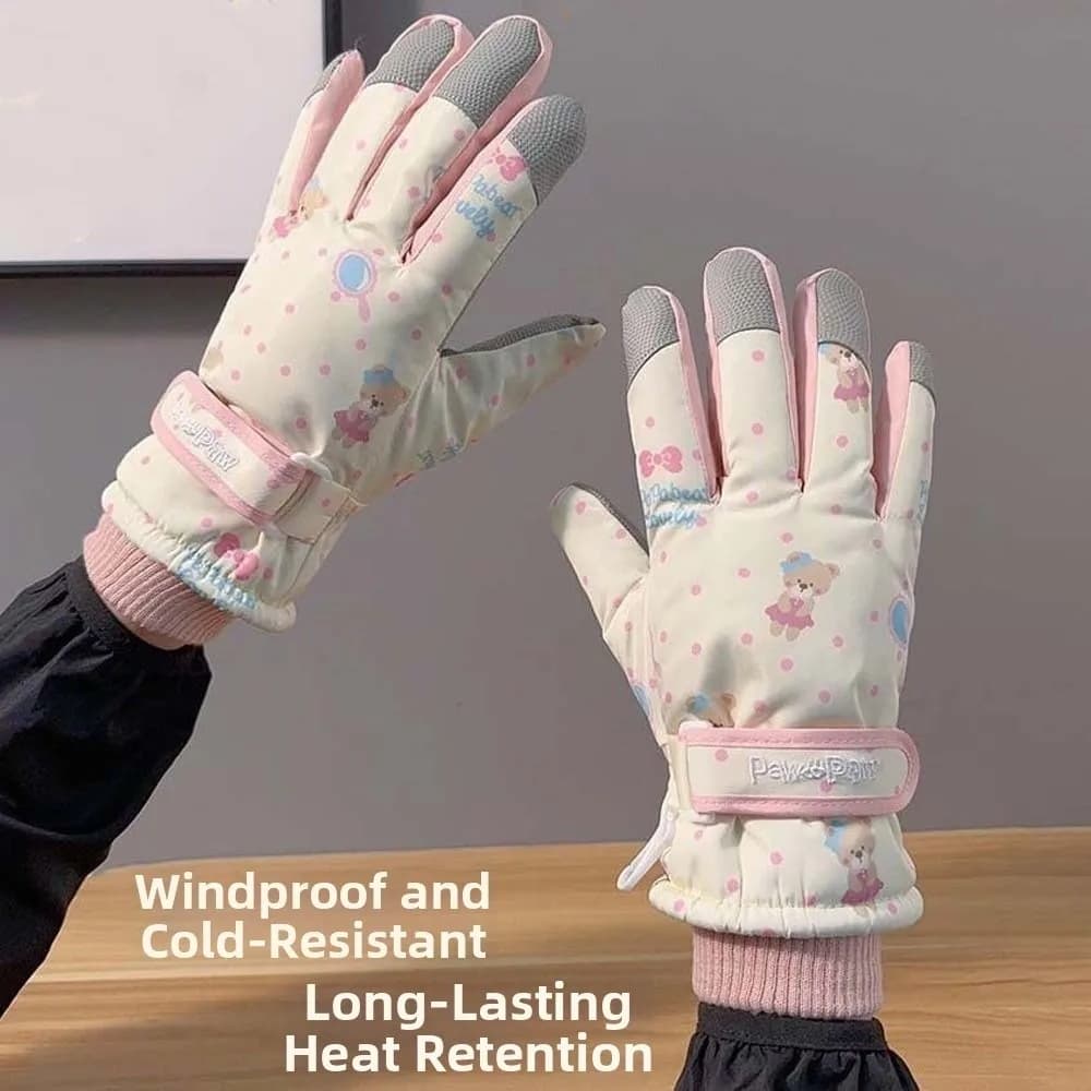 Fleece Liners Ski Mittens Touchscreen Anti-splash Water Thermal Gloves Cartoon Adjustable Snow Mittens Camping