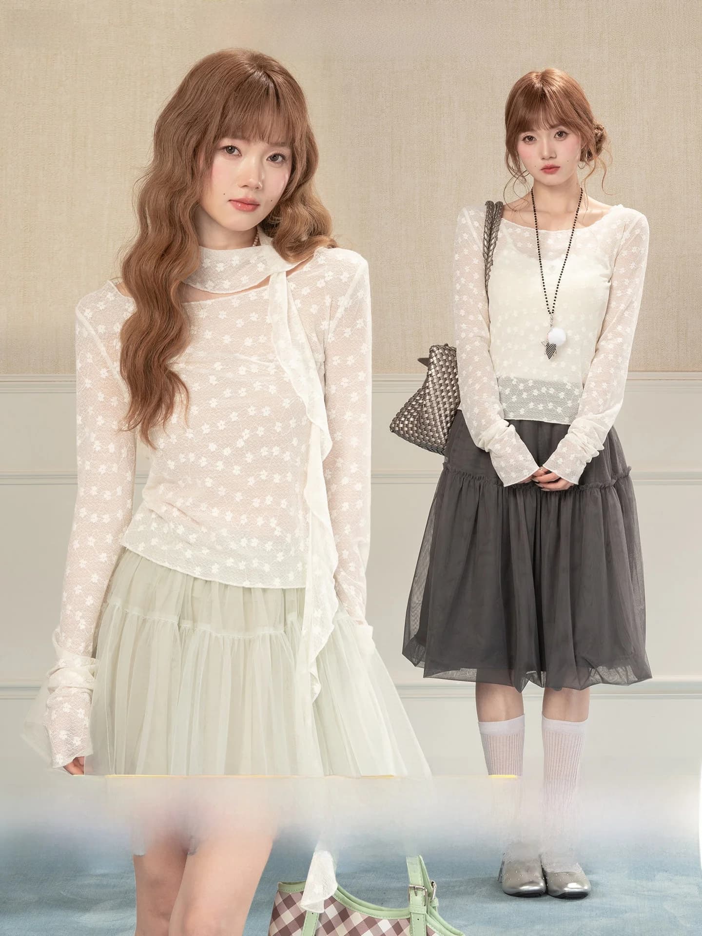 Heynew Lace Floral Print Long Sleeve round Neck T-Shirt Women's Slim Fit Layering Top Elegant Spring New Style Casual Wear