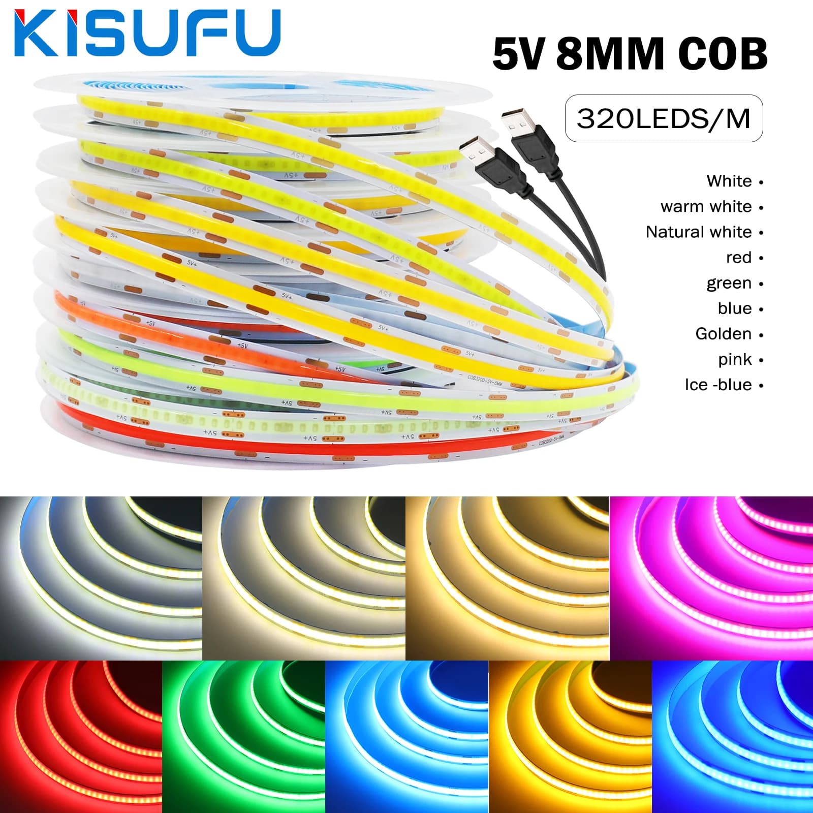 5V USB COB Led Strip Light 8MM PCB 1M 2M 3M 5M Bianco/Blu/Giallo/Blu ghiaccio Nastro flessibile Lampada da notte TV Retroilluminazione Decorazioni per la casa