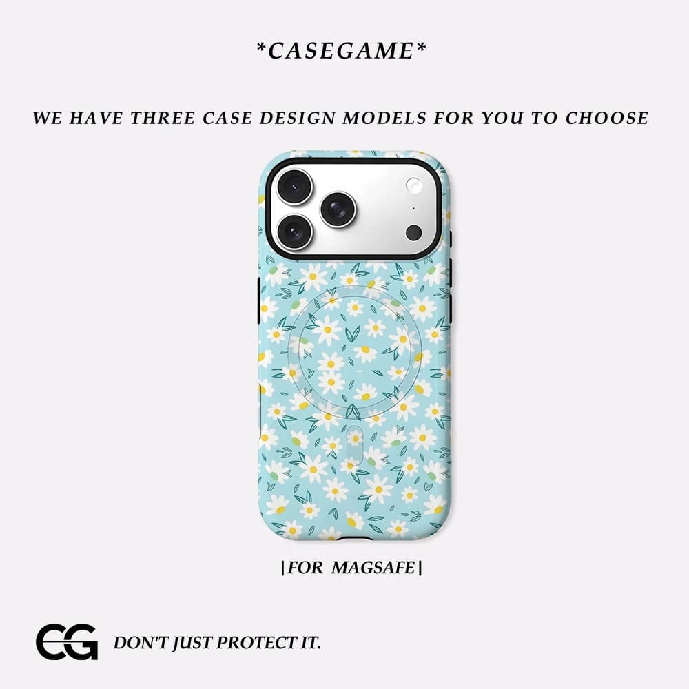 Casegame Cover Opaca Antiurto per iPhone 17 16 15 14 Plus 13 Pro Max con Bumper per MagSafe, in PC Rigido, Blu Chiaro con Margherite