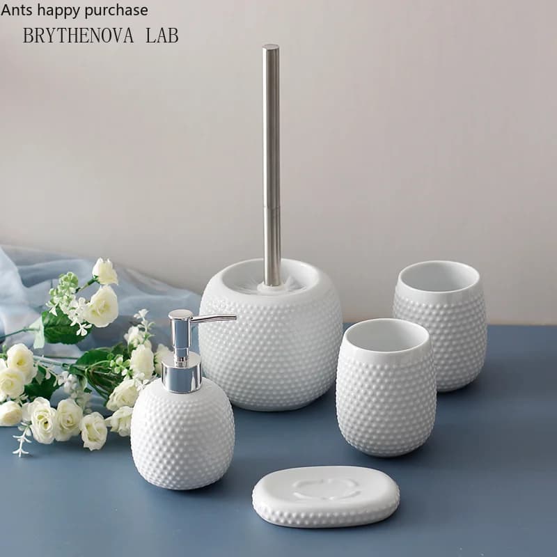 White Ceramic Bathroom Set Wash Set Toiletries Accessories Bathroom 5-piece Bottle Lotion Mouth Cup Soap Dish Toilet Brush