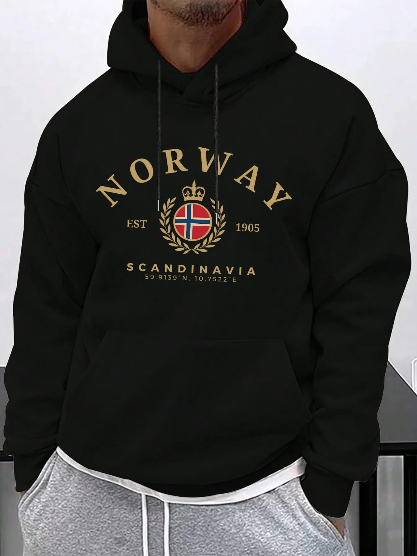 New autumn and winter men's and women's hooded sweatshirt with NORWAY pattern print, drawstring and kangaroo pocket