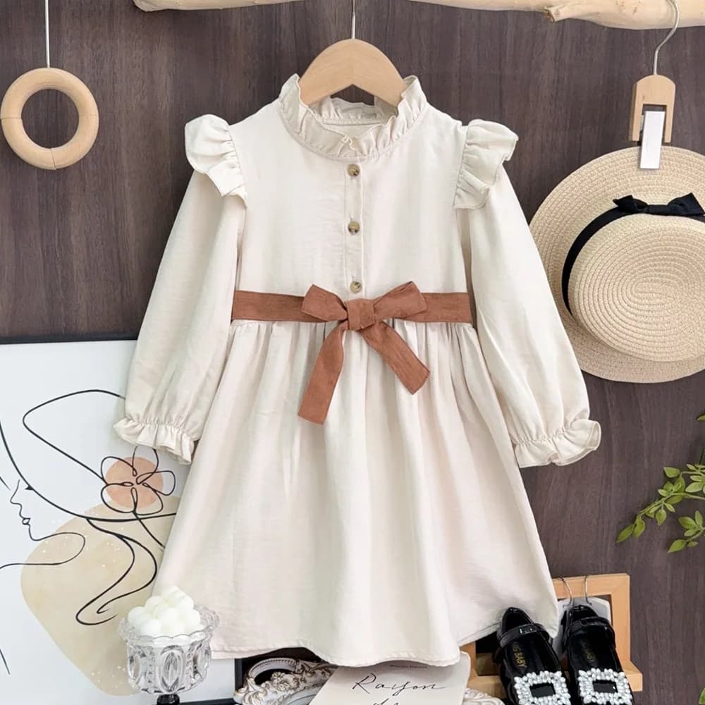 Autumn Fashion New Girls Long Sleeve Ruffled A-Line Dress 1 Pc 3-7 Years Children Daily Simple Casual Clothing