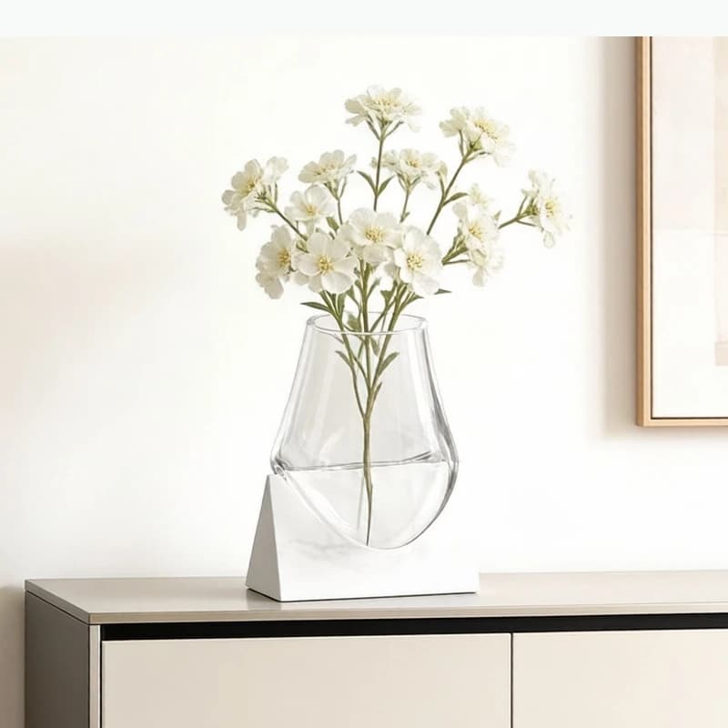 Creative Imitation Fluid Glass Vase Marble Base Plant Pots Table Decoration Flower Arrangement Floral Vases Room Aesthetic Decor